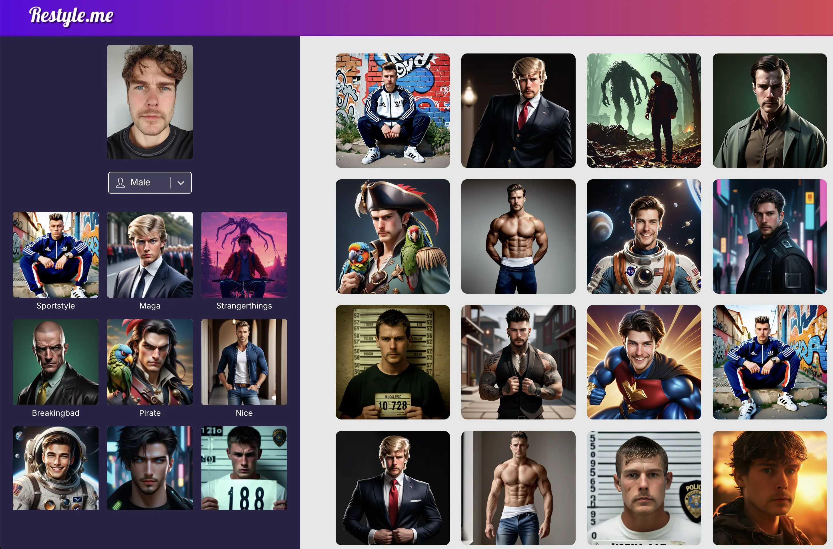 Restyle.me app interface: Upload photo and explore different styles. Create your own AI Profile Pic in seconds.